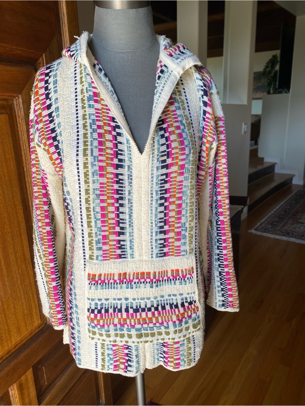 Tory Burch Cream Open-Weave Sweater with Pink, Navy & Green Accents